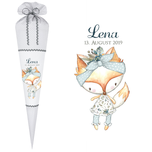 Originelle Stoffschultüte für Mädchen mit niedlichem Fuchs | Schultüte aus Stoff mit Namen und Einschulungsdatum handgefertigt | Optional mit Füllkissen und Spitzenschutz