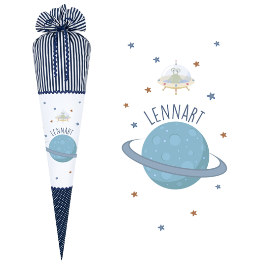 Schultüte "Planet" in Blau aus Stoff mit Namen | Stoffschultüte für Jungen genäht | Optional mit Füllkissen und Spitzenschutz