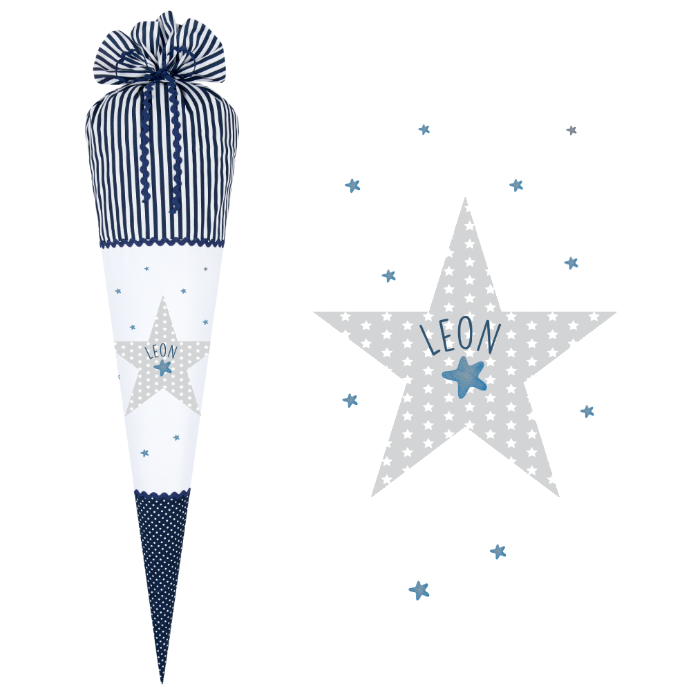 Schultüte "Sterne" aus Stoff in Blau mit Namen | Genähte Stoffschultüte für Jungen |  Optional mit Füllkissen und Spitzenschutz