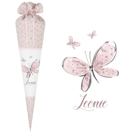 Rosa geblümte Schultüte mit Schmetterlingen und Namen des Kindes | Stoffschultüte zur Einschulung für Mädchen | Optional mit Füllkissen und Spitzenschutz