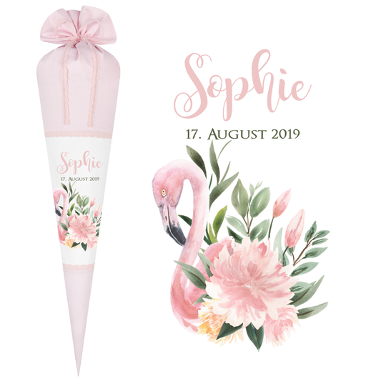 Schöne Schultüte aus rosa Stoff mit einem Flamingo | Stoffschultüte mit Namen u. Einschulungsdatum des Mädchens | Optional mit Füllkissen und Spitzenschutz
