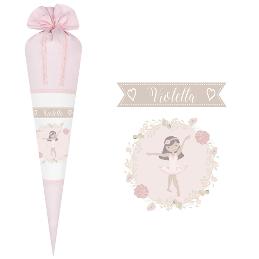 Schöne Schultüte für Mädchen mit Ballerina und Namen des Kindes | Besondere Stoffschultüte liebevoll personalisiert | Optional mit Füllkissen und Spitzenschutz