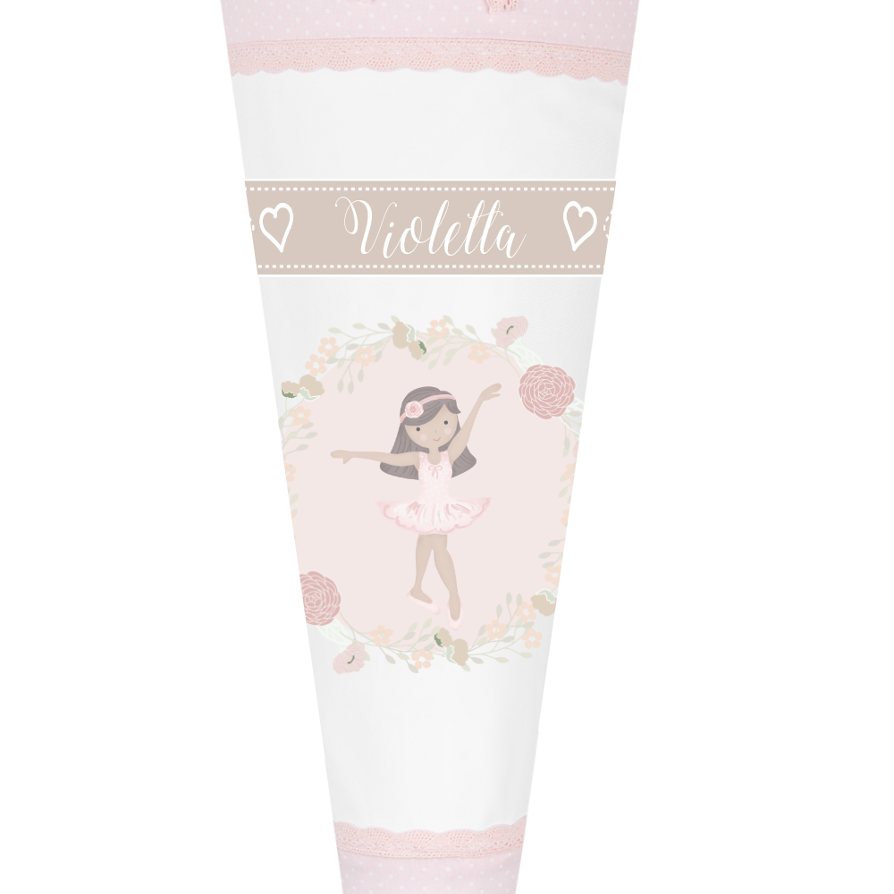 Schöne Schultüte für Mädchen mit Ballerina und Namen des Kindes | Besondere Stoffschultüte liebevoll personalisiert | Optional mit Füllkissen und Spitzenschutz