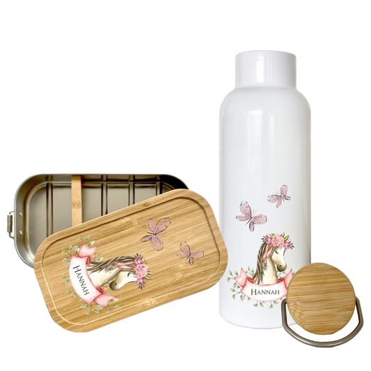Trinkflasche mit Pony u. Namen für Kinder | Personalisiertes Geschenk für Mädchen u. Jungen mit Pferd | 500 ml Isolierflasche aus Edelstahl mit Bambusdeckel |  Als Set verfügbar mit Brotdose