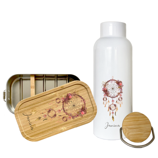 Trinkflasche "Traumfänger" mit Namen | Personalisiertes Geschenk | 500 ml Isolierflasche aus  Edelstahl mit Bambusdeckel |  Als Set verfügbar mit Brotdose