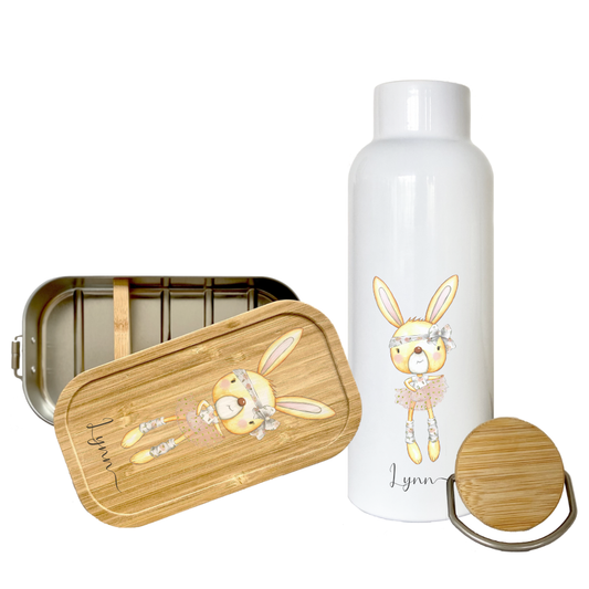 Trinkflasche mit Hasen u. Namen für Kinder | Personalisiertes Geschenk für Mädchen u. Jungen mit Häschen | 500 ml Isolierflasche aus Edelstahl mit Bambusdeckel |  Als Set verfügbar mit Brotdose