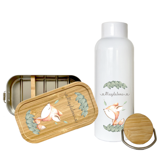 Trinkflasche mit Fuchs u. Namen für Kinder | Personalisiertes Geschenk für Mädchen u. Jungen | 500 ml Isolierflasche aus Edelstahl mit Bambusdeckel |  Als Set verfügbar mit Brotdose