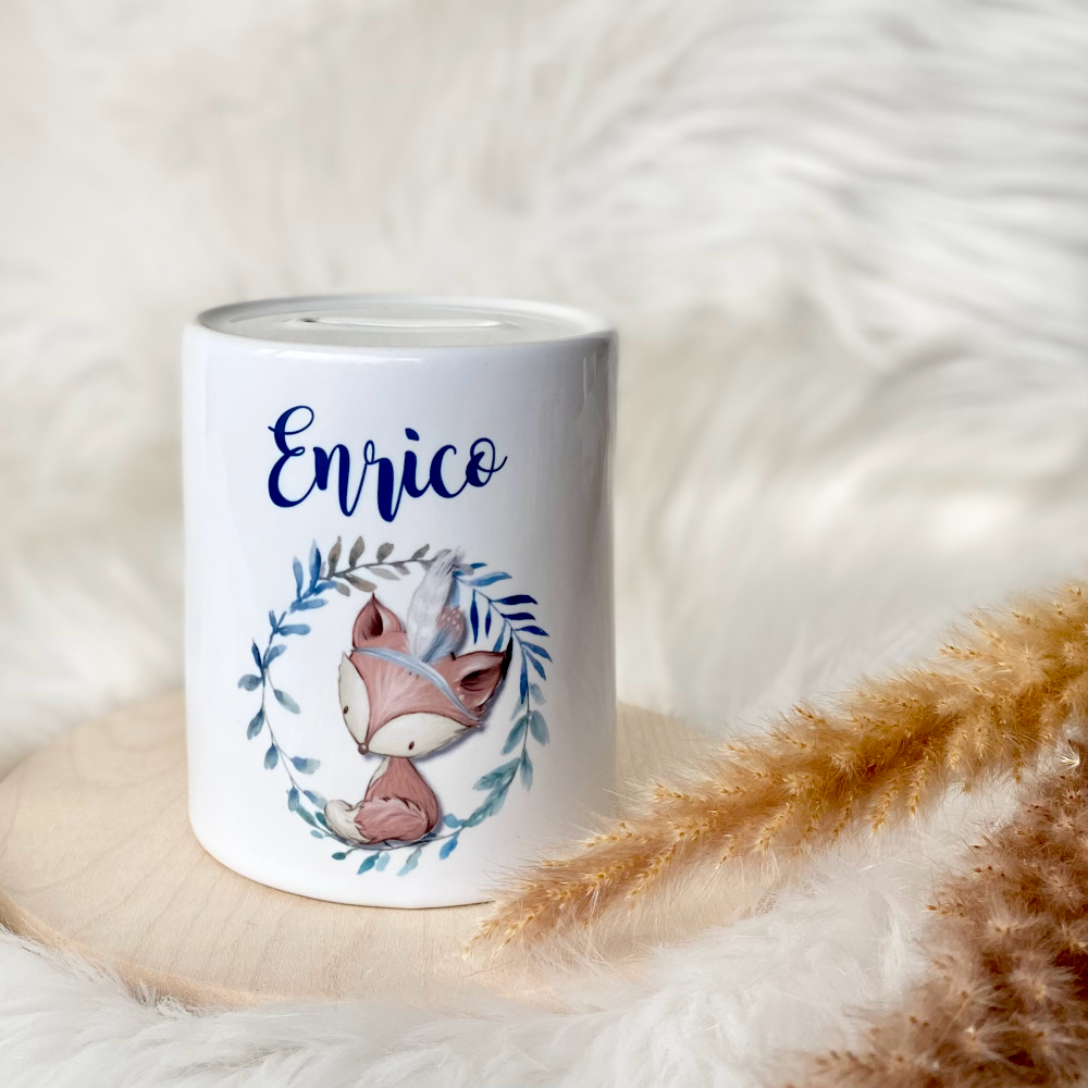 Personalisierte Spardose mit Fuchs für Kinder.