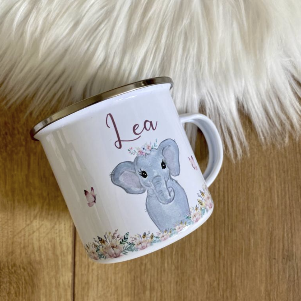 Personalisierte Elefant Tasse mit Namen des Kindes | Emaille Trinkbecher für Mädchen I Personalisierte Kindertasse als besonderes Geschenk  | 7 Motivvarianten zur Auswahl