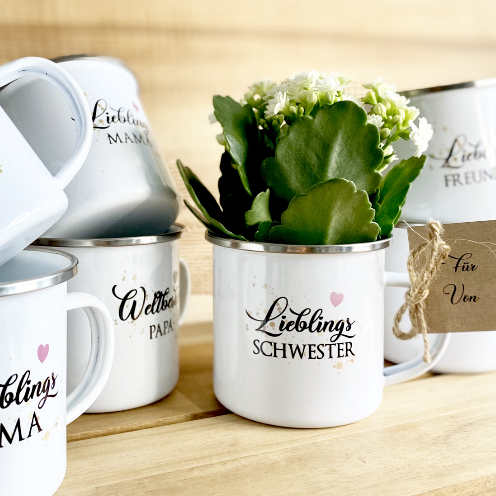 Tasse "Lieblingsschwester" | Geschenk für die Schwester | Emailletasse mit Geschenkanhänger | 12 Motivvarianten zur Auswahl