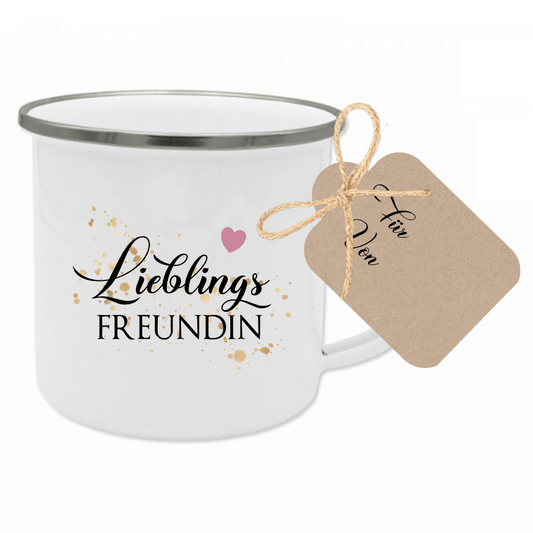 Tasse "Lieblingsfreundin" | Geschenk für die beste Freundin | Emailletasse mit Geschenkanhänger