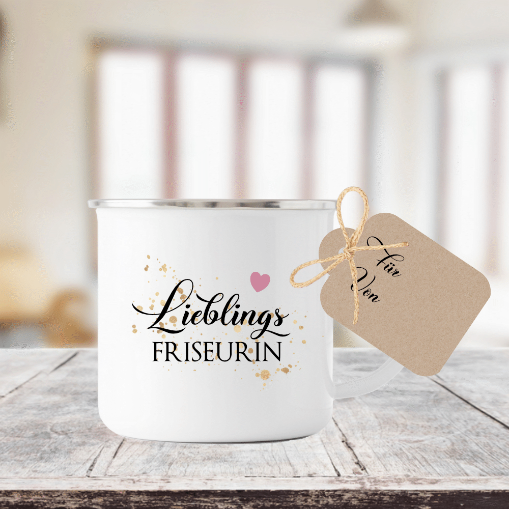 Tasse "Lieblingsfriseurin" | Geschenk für die Friseurin | Emailletasse mit Geschenkanhänger | 12 Motivvarianten zur Auswahl