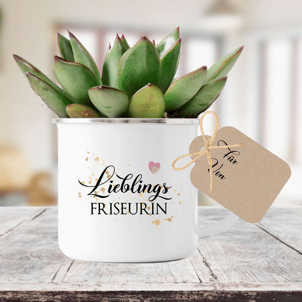 Tasse "Lieblingsfriseurin" | Geschenk für die Friseurin | Emailletasse mit Geschenkanhänger | 12 Motivvarianten zur Auswahl