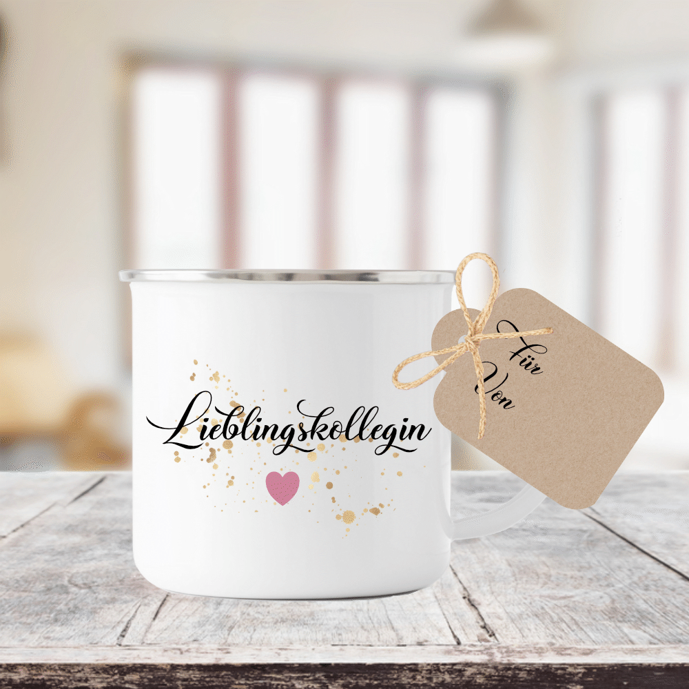 Tasse "Lieblingskollegin" | Geschenk für die Arbeitskollegin | Emailletasse mit Geschenkanhänger | 12 Motivvarianten zur Auswahl