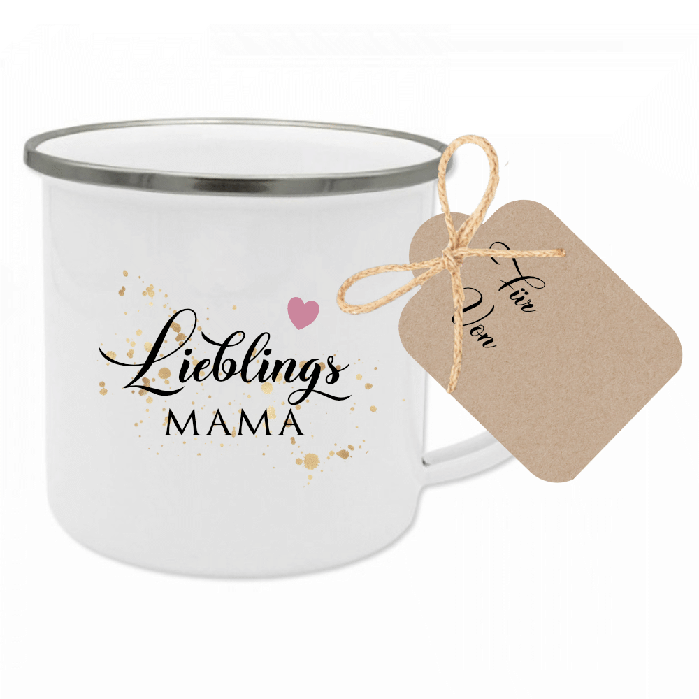 Tasse "Lieblingsschwester" | Geschenk für die Schwester | Emailletasse mit Geschenkanhänger | 12 Motivvarianten zur Auswahl