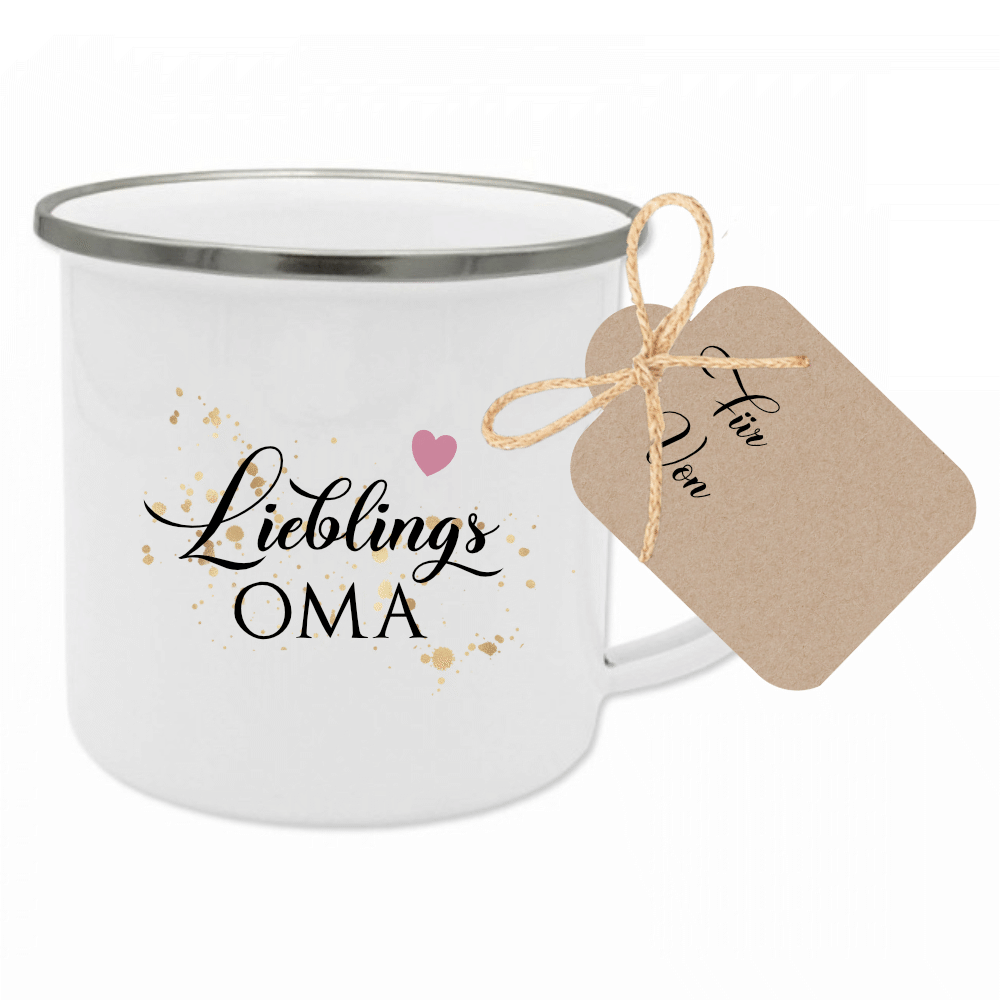 Tasse "Lieblingsschwester" | Geschenk für die Schwester | Emailletasse mit Geschenkanhänger | 12 Motivvarianten zur Auswahl