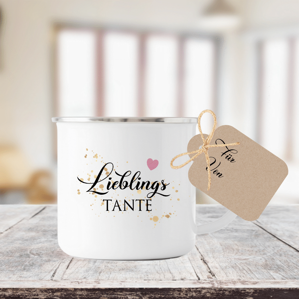 Tasse "Lieblingstante" | Geschenk für die Tante | Emailletasse mit Geschenkanhänger | 12 Motivvarianten zur Auswahl