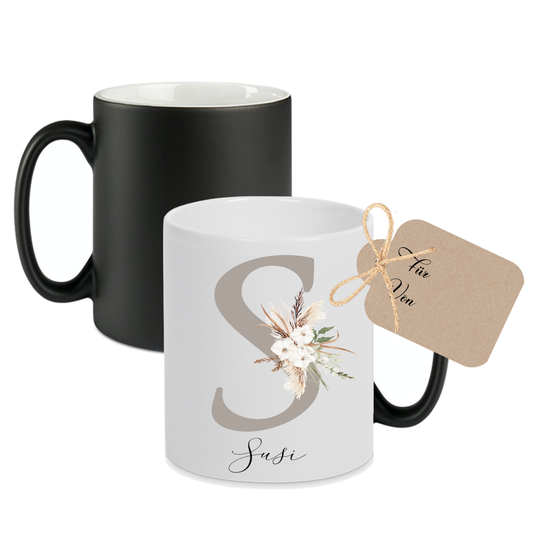 Zaubertasse Magic | Personalisierte Tasse mit Farbwechsel | Geschenk mit Namen u. Buchstaben | Kaffeetasse mit Monogramm für Sie