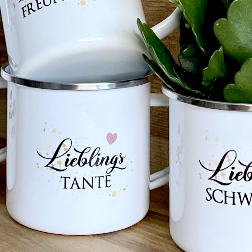 Liebenswerte Geschenkidee für die Ehefrau | Schöne Tasse aus Emaille mit Motiv "Weltbeste Ehefrau" | 12 Motivvarianten zur Auswahl