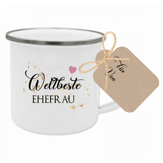 Liebenswerte Geschenkidee für die Ehefrau | Schöne Tasse aus Emaille mit Motiv "Weltbeste Ehefrau" | 12 Motivvarianten zur Auswahl