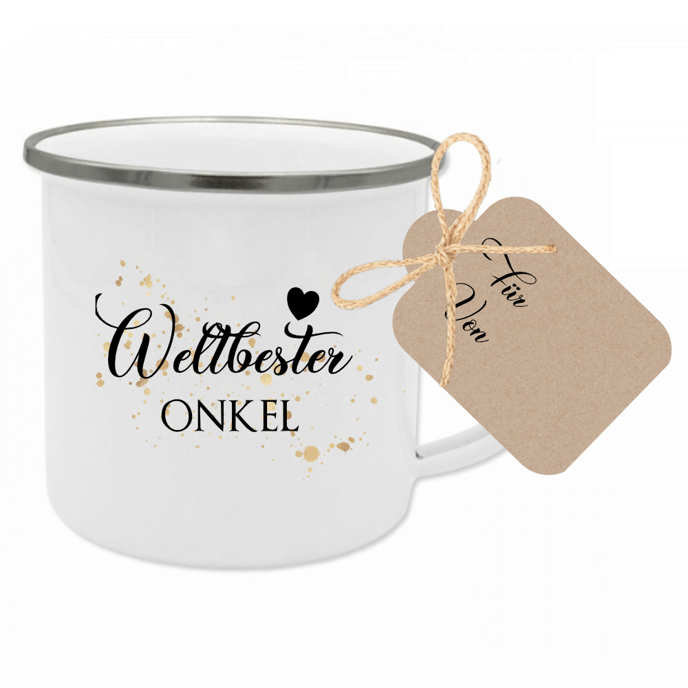 Tasse "Lieblingstante" | Geschenk für die Tante | Emailletasse mit Geschenkanhänger | 12 Motivvarianten zur Auswahl