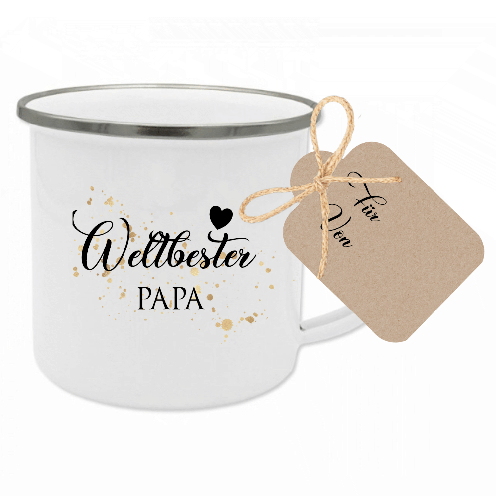 Tasse "Lieblingstante" | Geschenk für die Tante | Emailletasse mit Geschenkanhänger | 12 Motivvarianten zur Auswahl