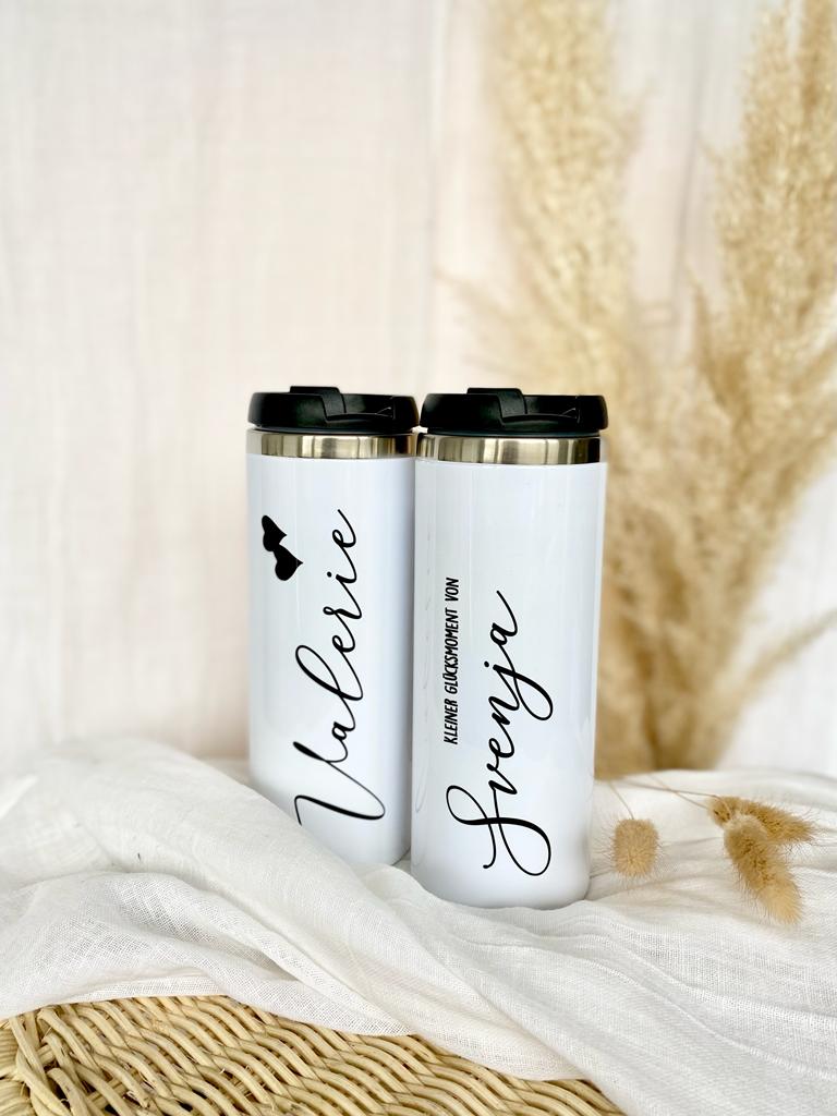 Geschenkset Edelstahl Kaffeebecher to go und Notizbuch "Glücksmomente" mit Namen für Sie u. Ihn | Geschenkidee zum Geburtstag, als Dankeschön