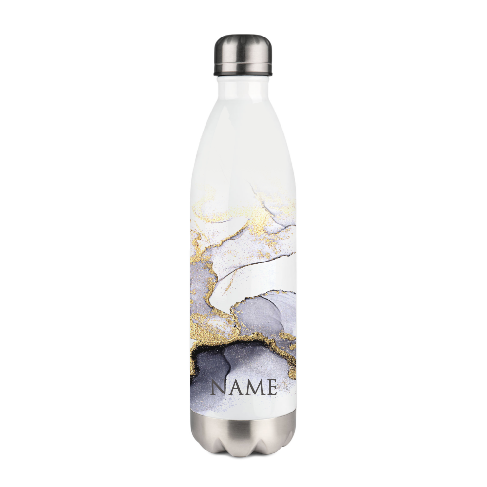 Trinkflasche mit Name in Marmor Optik Blau und Gold.