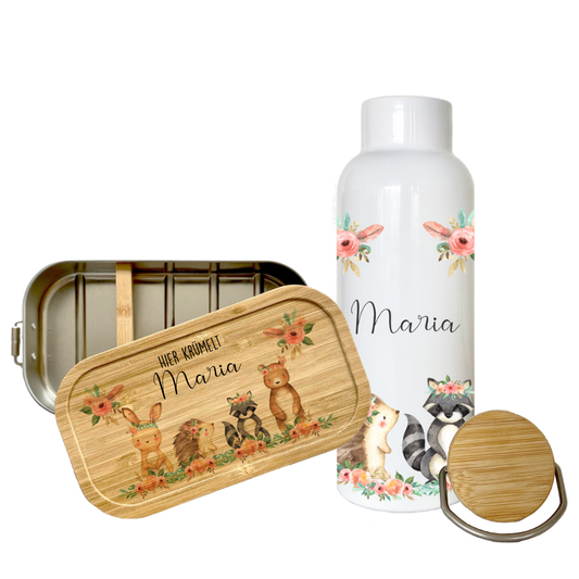 Brotdose und Trinkflasche mit Namen aus Bambus und Edelstahl.,