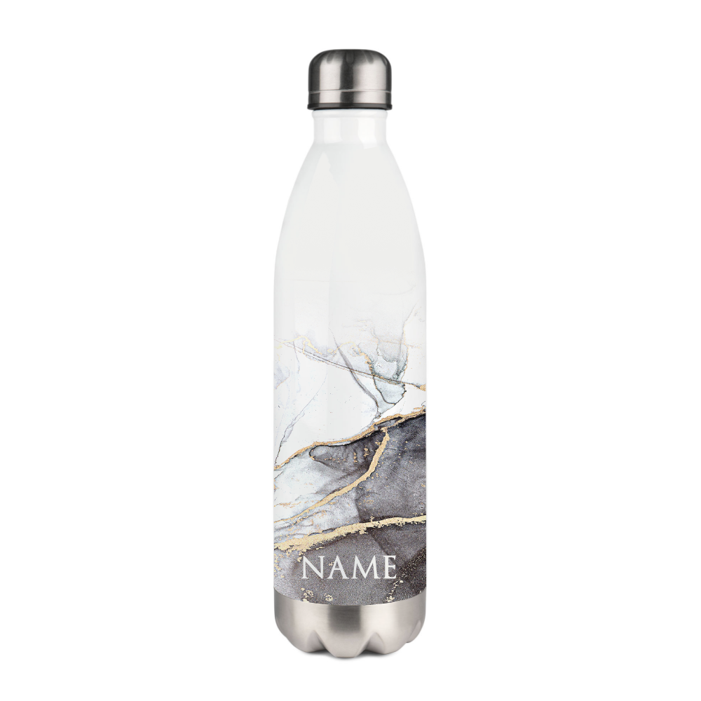 Trinkflasche mit Gravur. Thermosflasche mit Namen bedrucken. Marmor Optik.