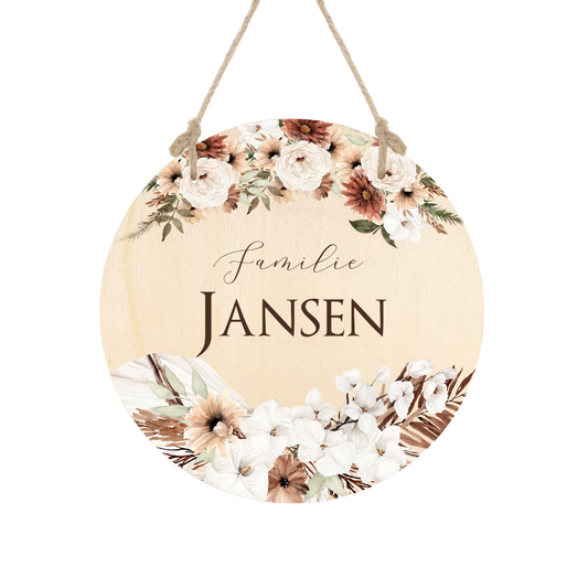 Boho Türschild mit dem Namen der Familie | Namensschild für die Tür | Besondere Geschenkidee für Familien | Rundes Schild aus Holz