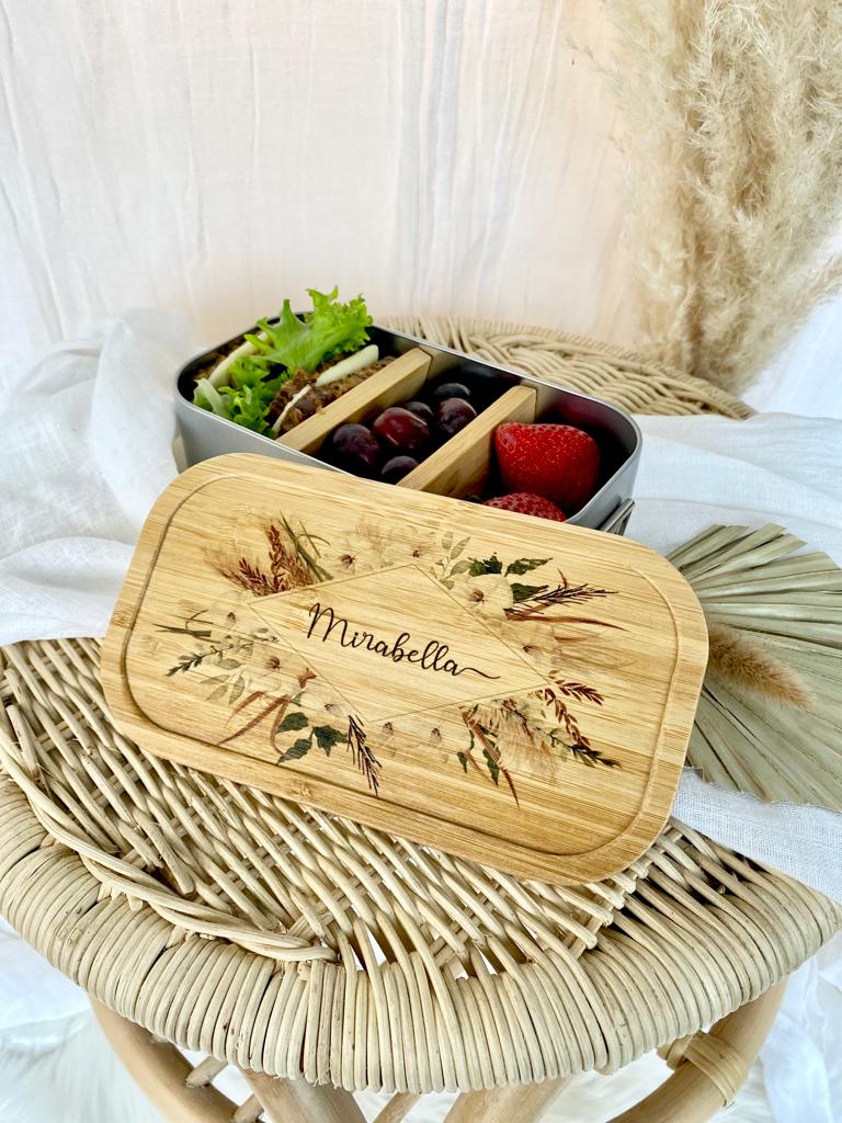 Brotdose "Boho Blumenkranz" mit Bambusdeckel und Namen | Boho Lunchbox mit floralem Motiv | Personalisierte Geschenkidee fürs Büro, Freizeit, Reisen