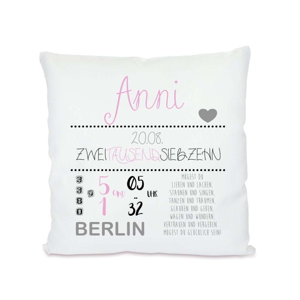 Personalisiertes Kissen zur Geburt u. Taufe | Liebevolles Babygeschenk | Persönliche Dekoration für das Babyzimmer | 2 Farbvarianten zur Auswahl