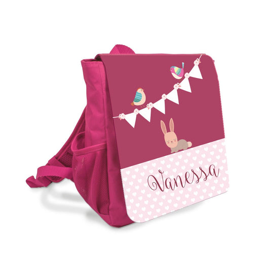 Pinker Kinderrucksack für Mädchen mit Namen | Niedliches Design mit einem Hasen | Perfekter Rucksack für Kindergartenkinder