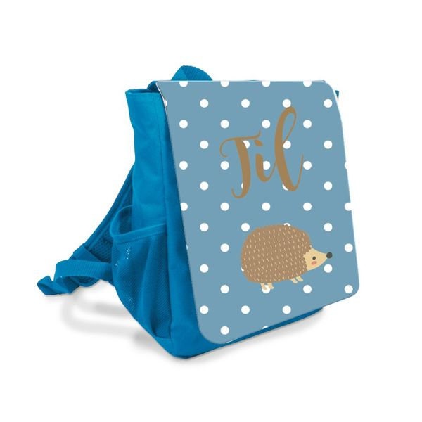 Kinderrucksack in Blau mit Namen und Igel als Motiv | Schönes Geschenk für Kindergartenkinder | Personalisierter Rucksack für Jungen
