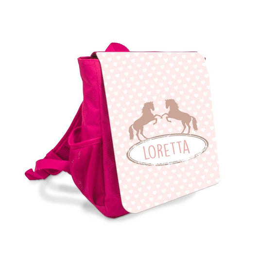 Niedlicher Rucksack für Mädchen | Kinderrucksack mit dem Namen des Kindes und zwei Pferden | Personalisierte Geschenkidee für Kinder im Alter von 2-5 Jahre