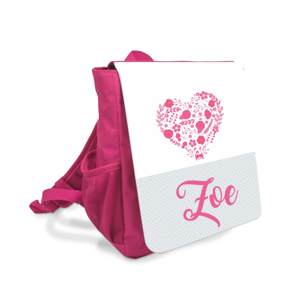 Pinker Kinderrucksack für Mädchen mit dem Namen des Kindes und einem floralen Herz | Personalisierter Kinderrucksack für Kindergartenkinder im Alter von 2-5 Jahre