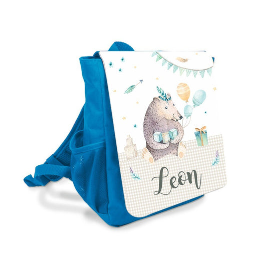 Origineller Rucksack für Kinder in Blau | Kinderrucksack mit dem Namen des Kindes personalisiert | Motiv: "Ein Bär feiert Geburtstag" | Perfektes und sinnvolles Geschenk für Kinder im Kindergartenalter