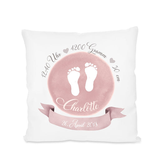 Personalisiertes Geburtskissen "Fußabdrücke" für Mädchen und Jungen | Handgefertigtes Babygeschenk zur Geburt u. Taufe | Geschenkidee mit den Geburtsdaten des Neugeborenen | 3 Farbvarianten zur Auswahl