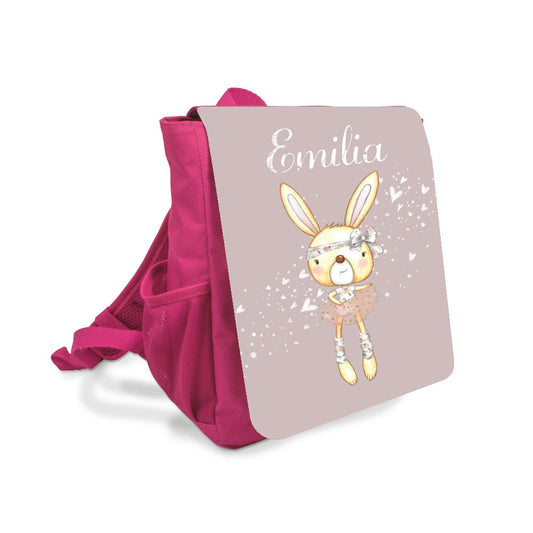 Niedlicher Kinderrucksack für Mädchen mit Namen handgefertigt | Pinker Rucksack mit einem Hasen als Ballerina gekleidet | Nachhaltiges Geschenk für Mädchen im Alter von 2-5 Jahre