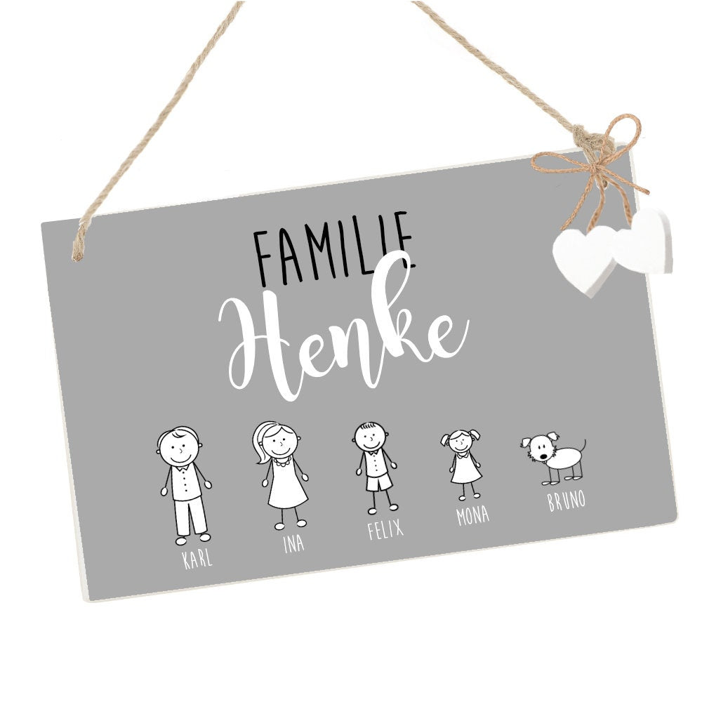 Personalisiertes Türschild aus Holz in Grau | Handgefertigtes Familienschild mit Figuren, Vornamen und dem Familiennamen | Originelle u. besondere Geschenkidee für Familien mit Kindern u. Haustieren | 2 Größen zur Auswahl