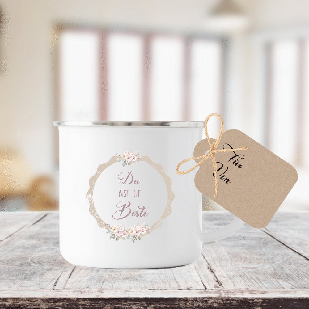 Tasse aus Emaille "Du bist die Beste" | Geschenkidee für besondere Menschen wie Mama, Oma, Beste Freundin | Tassengeschenk inkl. Geschenkanhänger
