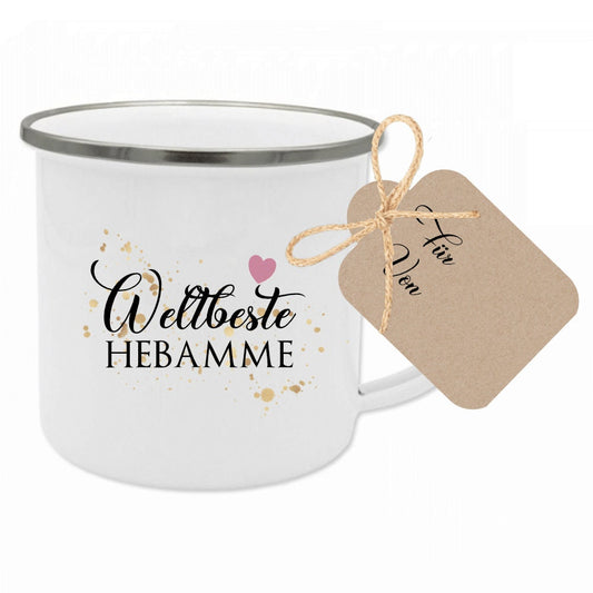 Tasse "Weltbeste Hebamme" | Dankeschön Geschenk | Emailletasse mit Geschenkanhänger | 12 Motivvarianten zur Auswahl