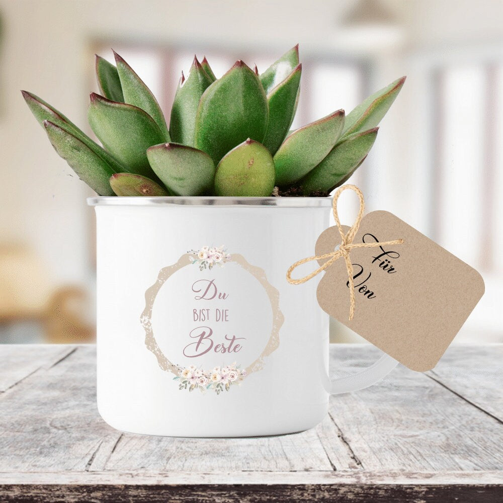 Tasse aus Emaille "Du bist die Beste" | Geschenkidee für besondere Menschen wie Mama, Oma, Beste Freundin | Tassengeschenk inkl. Geschenkanhänger