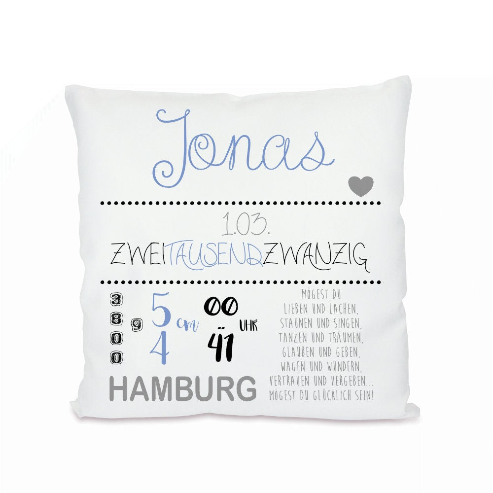 Personalisiertes Geburtskissen mit den Geburtsdaten des Babys | Besonderes Geschenk zur Geburt u. zur Taufe | Schönes Babygeschenk und tolle Erinnerung | 2 Farbvarianten zur Auswahl
