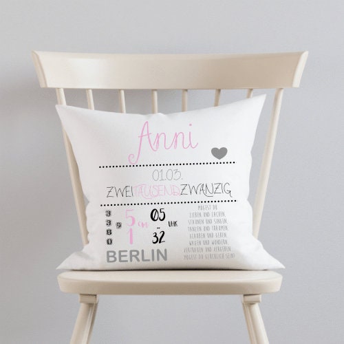 Personalisiertes Kissen zur Geburt u. Taufe | Liebevolles Babygeschenk | Persönliche Dekoration für das Babyzimmer | 2 Farbvarianten zur Auswahl