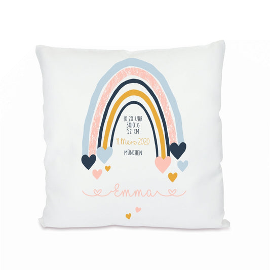 Besonderes Geburtskissen "Regenbogen" | Personalisiert mit dem Namen | Babykissen mit Gewicht, Uhrzeit, Name, Ort und Geburtsdatum | Liebevolles Babygeschenk | 2 Farbvarianten zur Auswahl