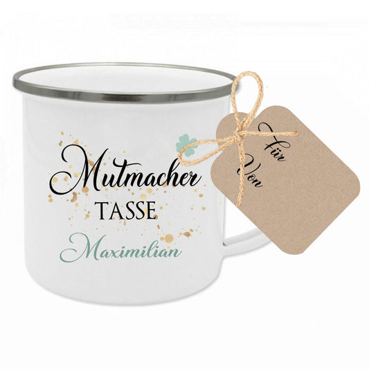 Personalisierte Emailletasse als Mutmacher mit Kleeblatt