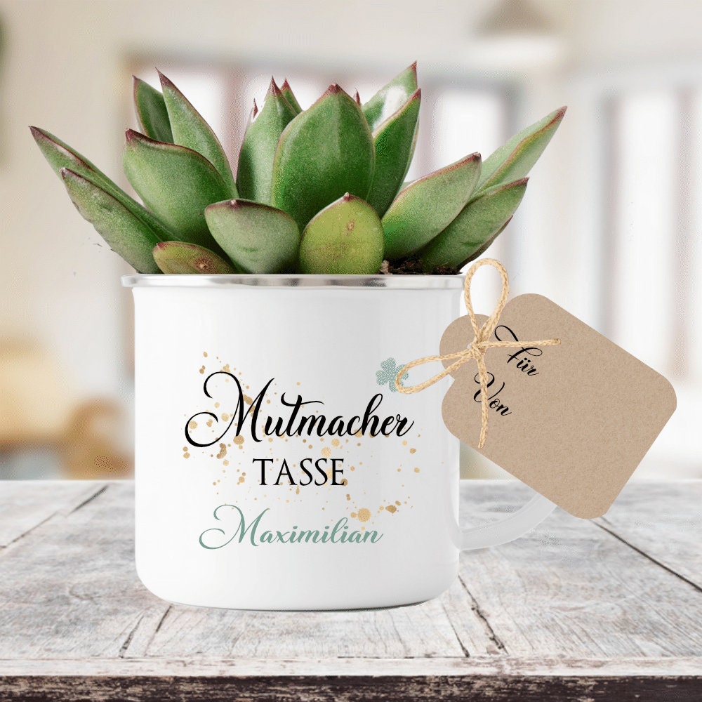 "Mutmacher" Tasse mit Kleeblatt und Namen | Personalisiertes Geschenk | Perfektes Geschenk zur Motivation | Emailletasse mit Geschenkanhänger zum Beschriften