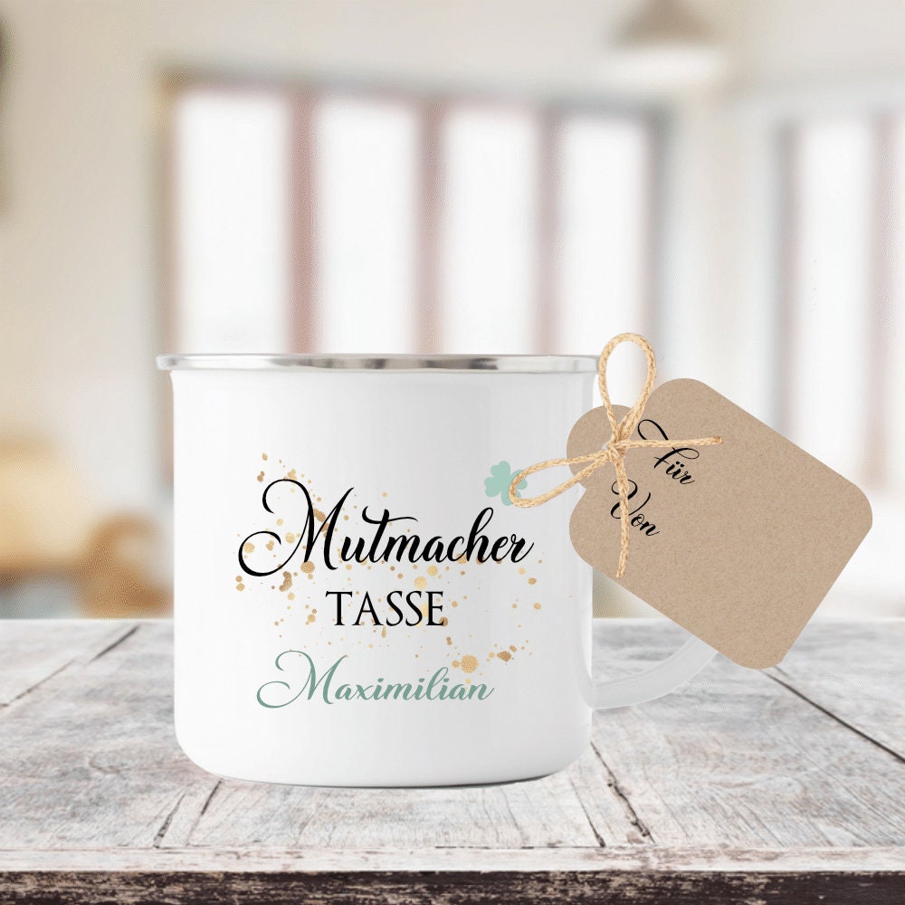 "Mutmacher" Tasse mit Kleeblatt und Namen | Personalisiertes Geschenk | Perfektes Geschenk zur Motivation | Emailletasse mit Geschenkanhänger zum Beschriften